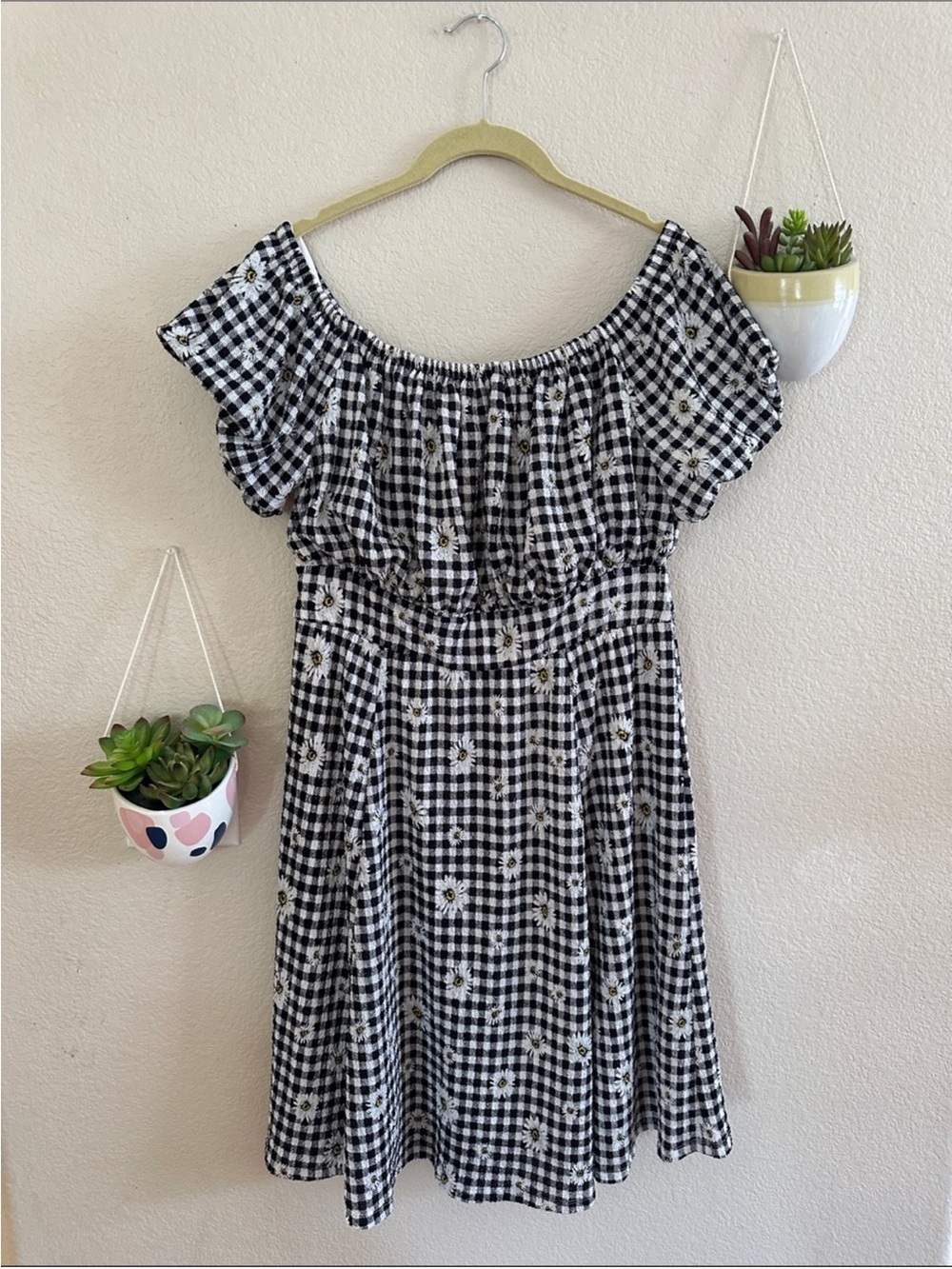 Torrid Black White Daisy Gingham Off the Shoulder Mini Vintage Dress 1 XXL